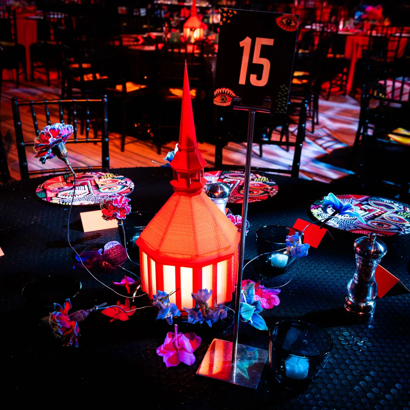 3D printed illuminated Wilmer Eye Institute building centerpieces on custom graphic-printed table, Wilmer Eye Institute Centennial Gala, EventPro fabrication Maryland
