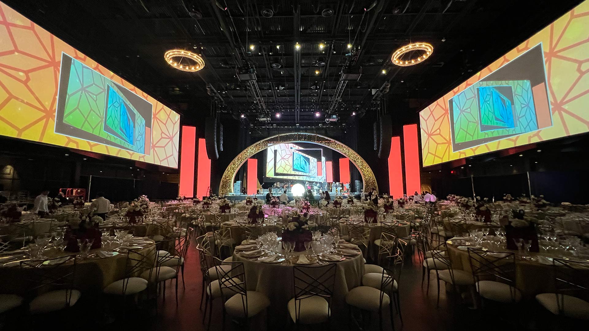 Custom 60-foot golden stage arch, Qatar-USA 50th Anniversary Gala, The Anthem Washington DC, EventPro scenic fabrication