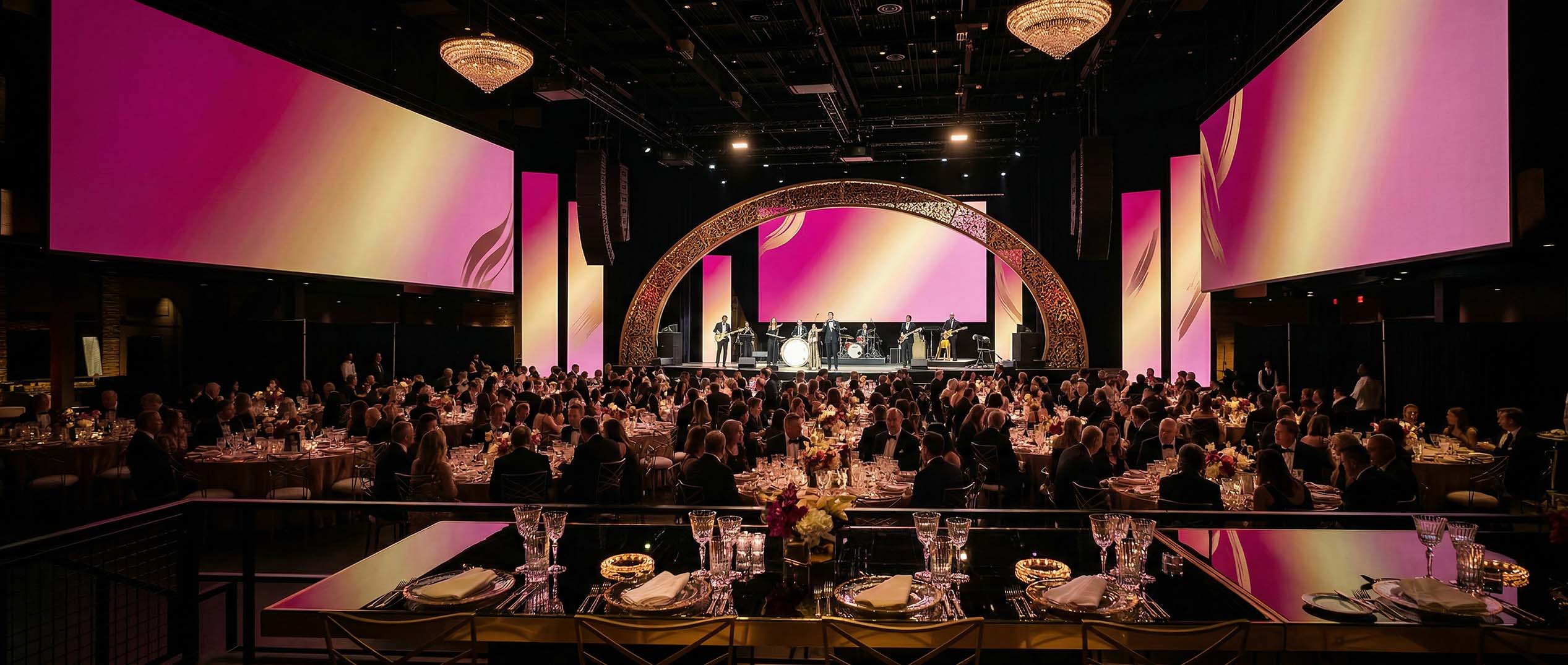 Qatar-USA 50th Anniversary Gala, The Anthem Washington DC, custom 60-foot golden stage arch by EventPro