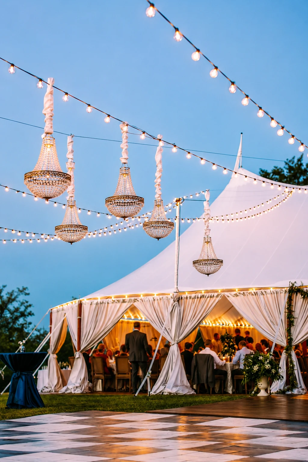 Warm cafe and bistro string light canopy over a Washington, DC event by EventPro