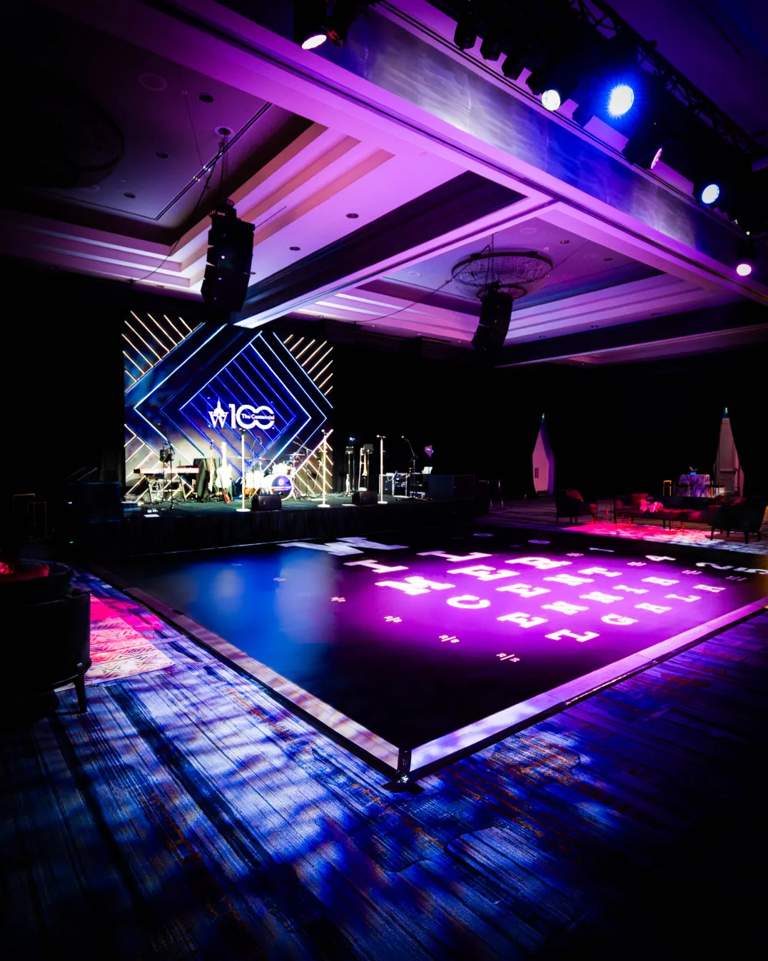 Custom LED dance floor with W100 / The Centennial graphic, Wilmer Eye Institute Centennial Gala, Baltimore Marriott Waterfront, EventPro production