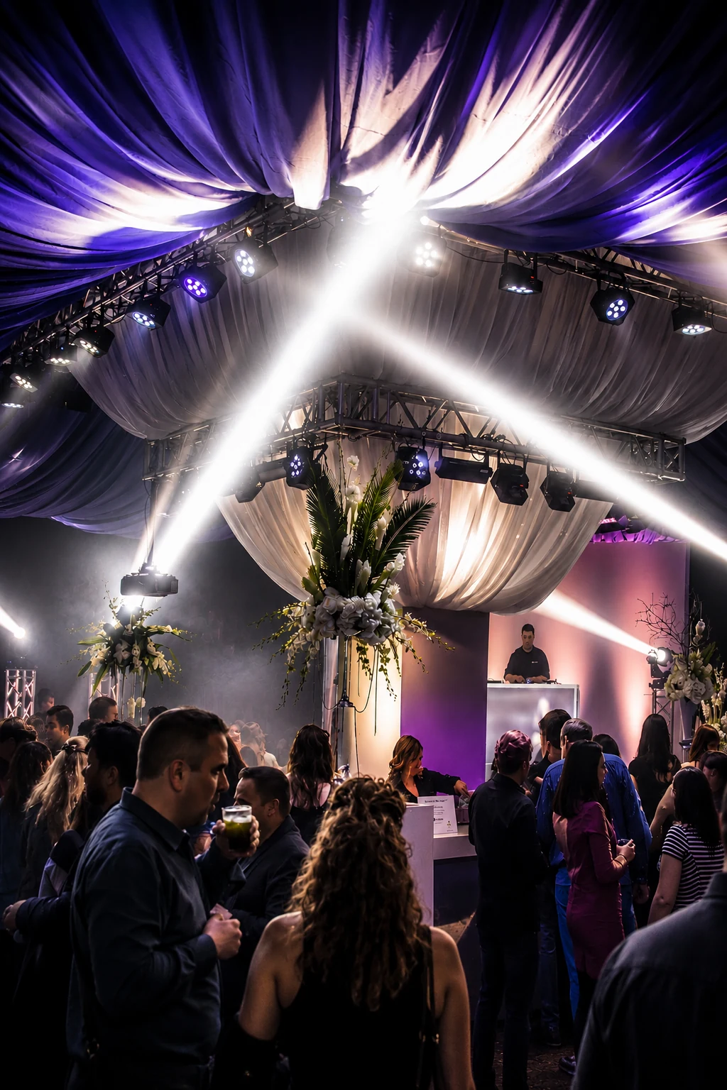 Overhead beam effects from an intelligent moving lighting rig at a Washington, DC event by EventPro