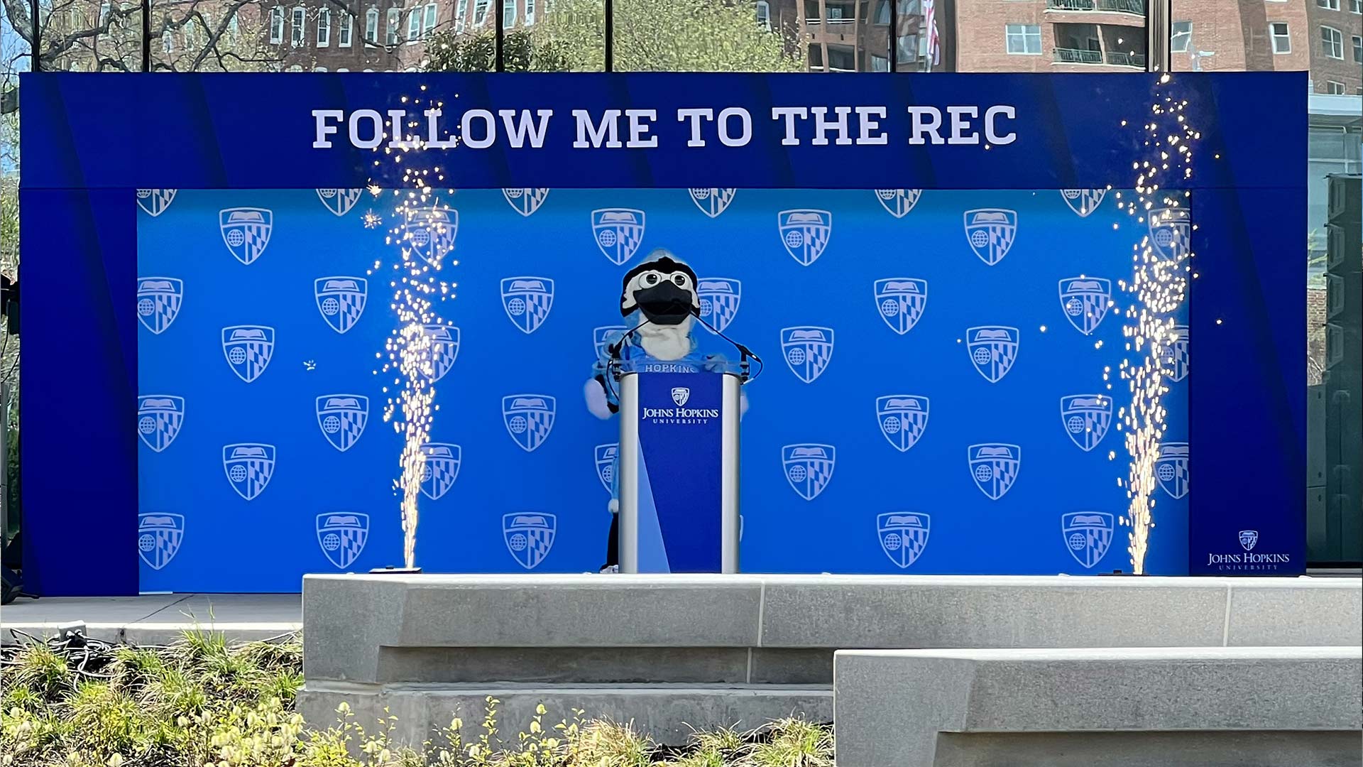 EventPro custom stage backdrop and cold spark effects at the Follow Me to the Rec grand opening, Ralph S. O'Connor Recreation Center, Johns Hopkins University, Baltimore Maryland