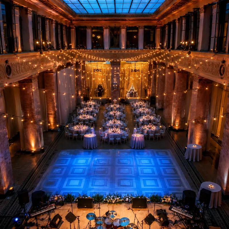 Warm uplighting, a string light canopy, and a blue lit dance floor in the central hall of the Enoch Pratt Free Library in Baltimore by EventPro