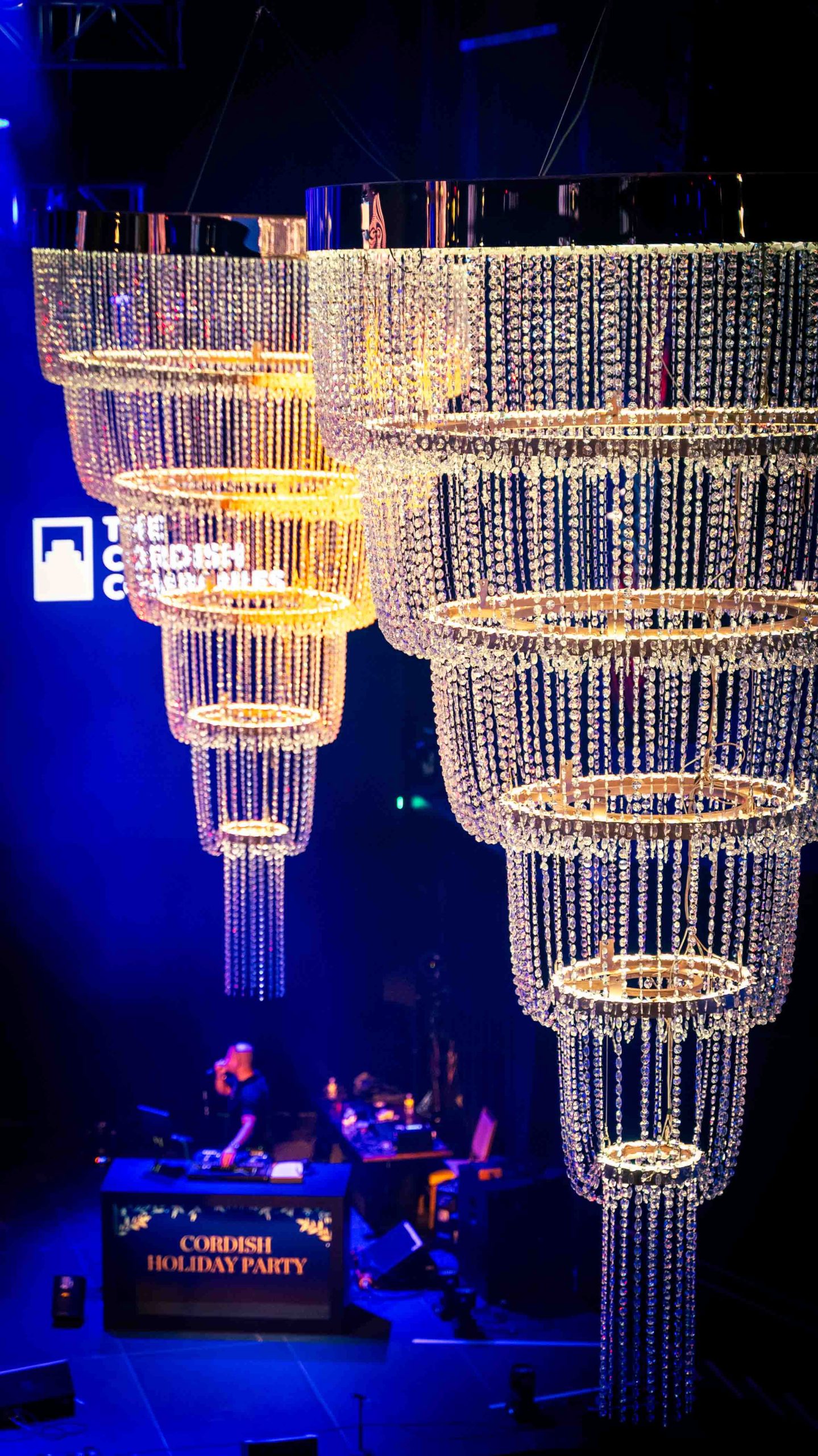 Close-up detail of a tiered crystal ring chandelier rigged by EventPro for the Cordish Companies 2024 Holiday Party at Live! Casino Hotel Maryland