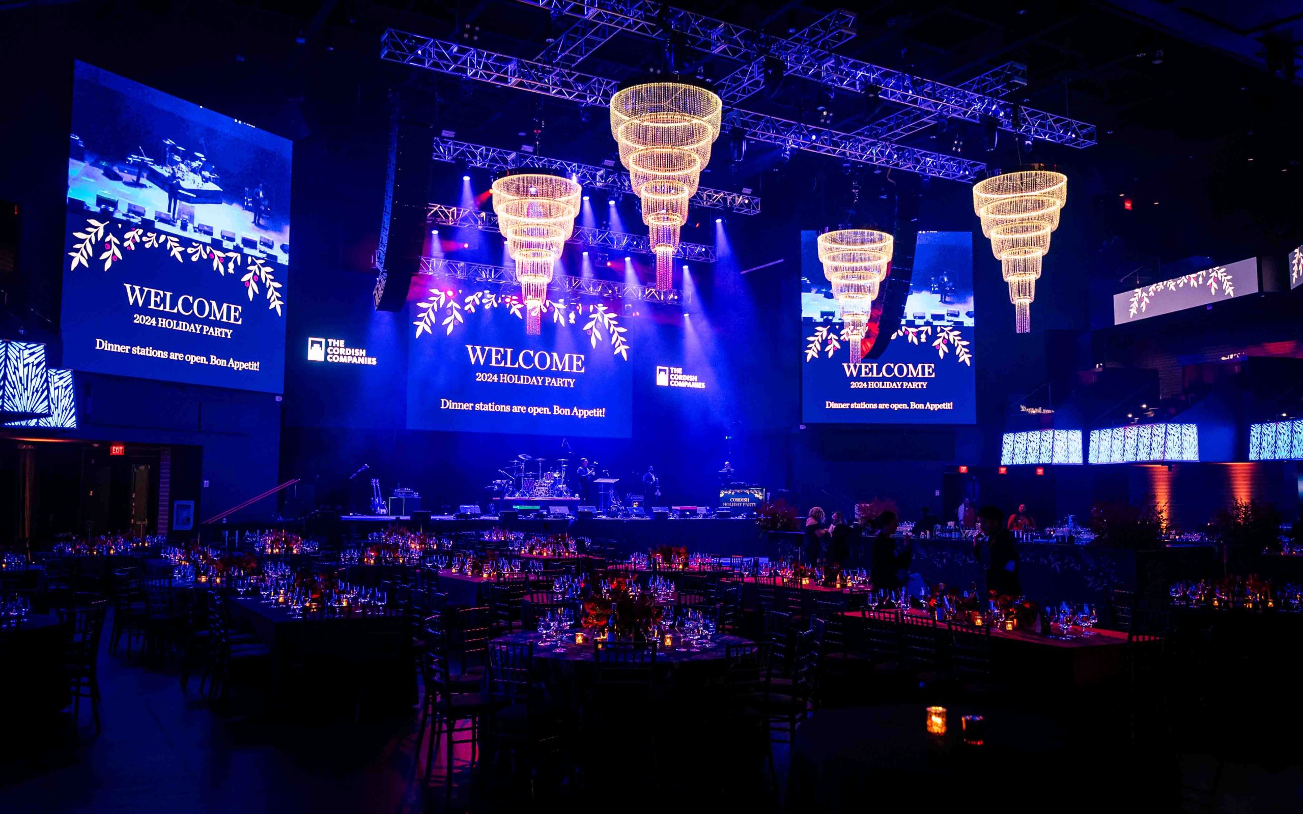 Cordish Companies 2024 Holiday Party — four motorized crystal chandeliers and full scenic production by EventPro at Live! Casino Maryland