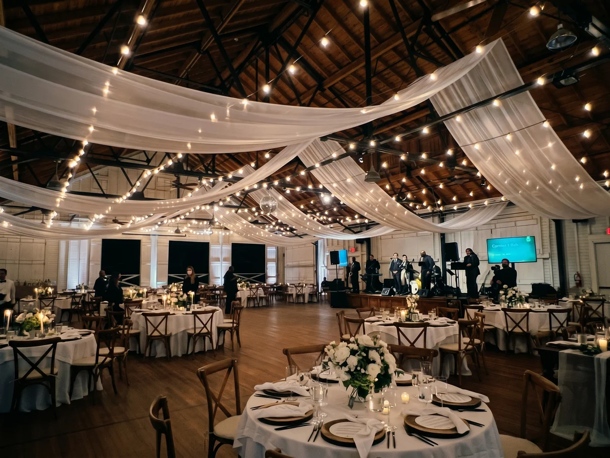 Aircraft cable and steel grid ceiling installation at an event