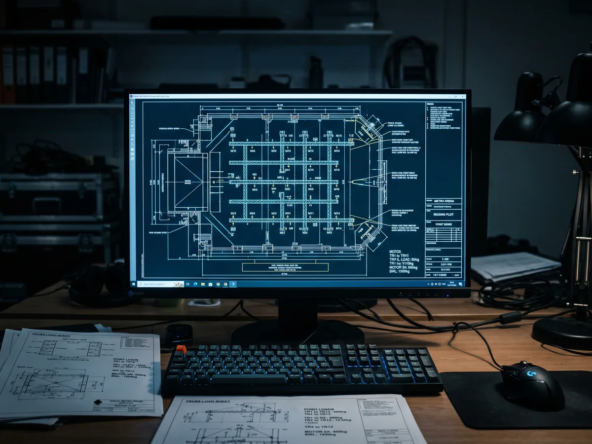 Rigging design and load engineering pre-production plot on screen