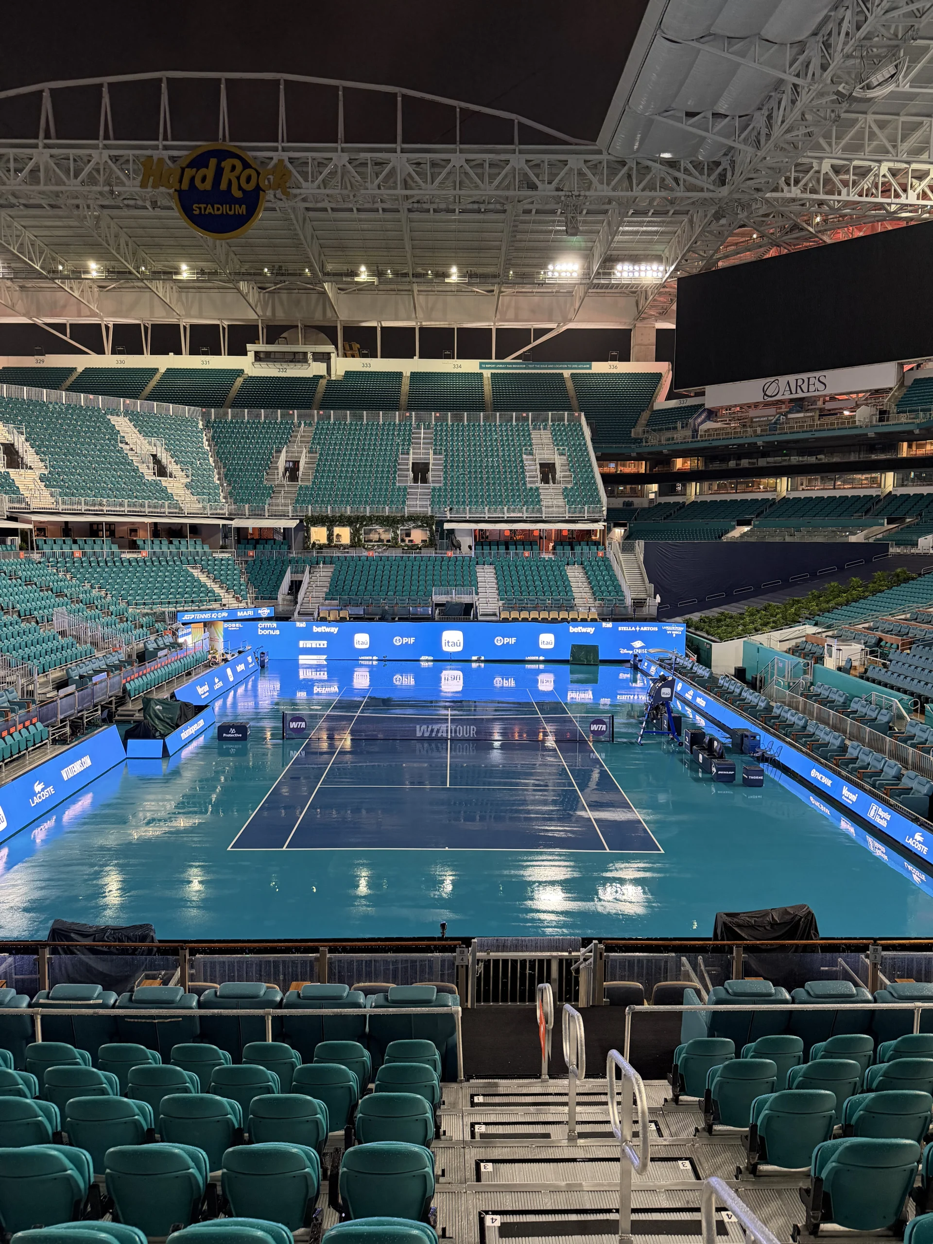 Hard Rock Stadium main court at night with LED boards during Miami Open 2026, EventPro productions