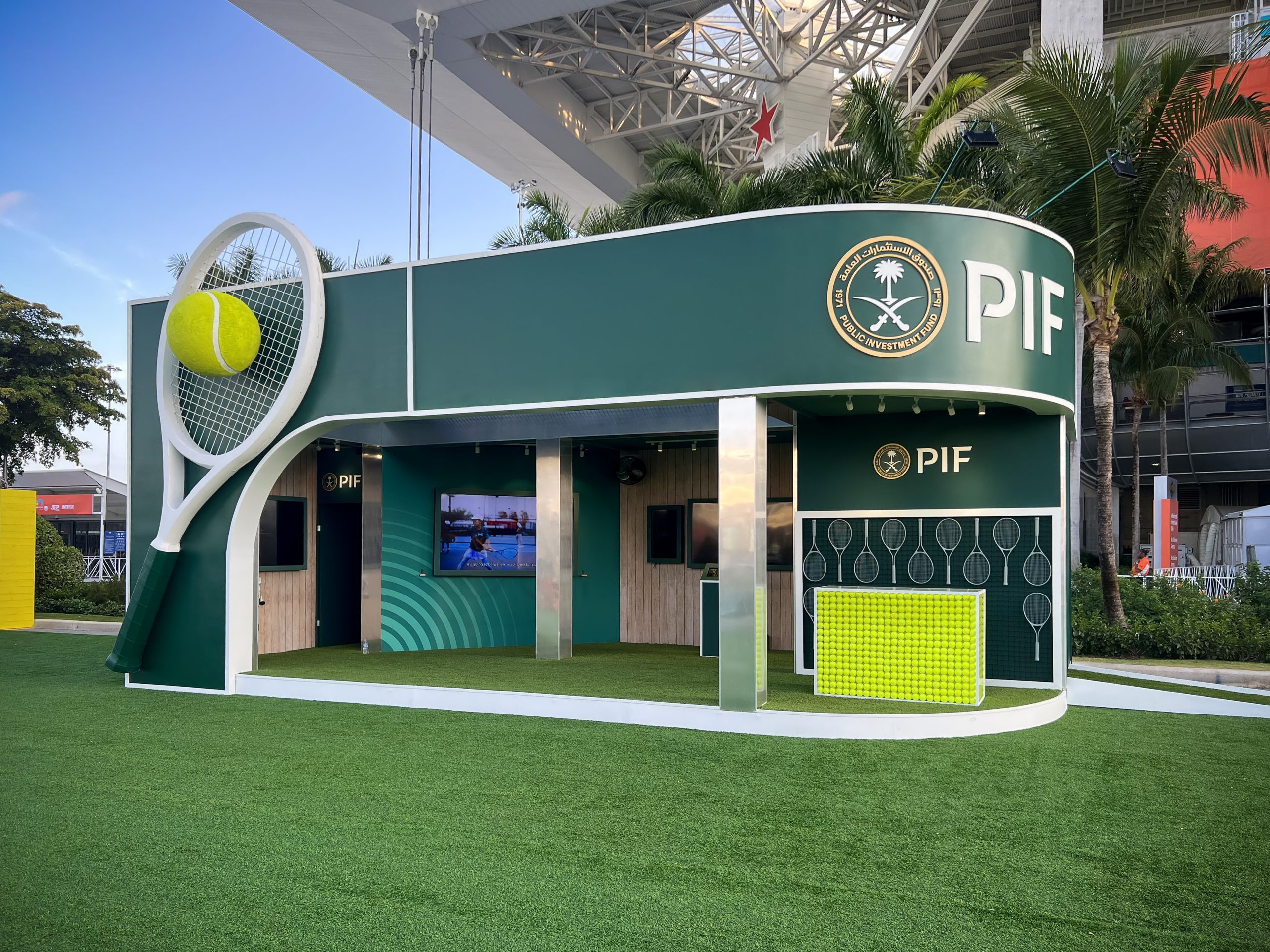 PIF brand activation pavilion with custom-fabricated oversized tennis racket sculpture — Miami Open 2025, Hard Rock Stadium, EventPro South Florida