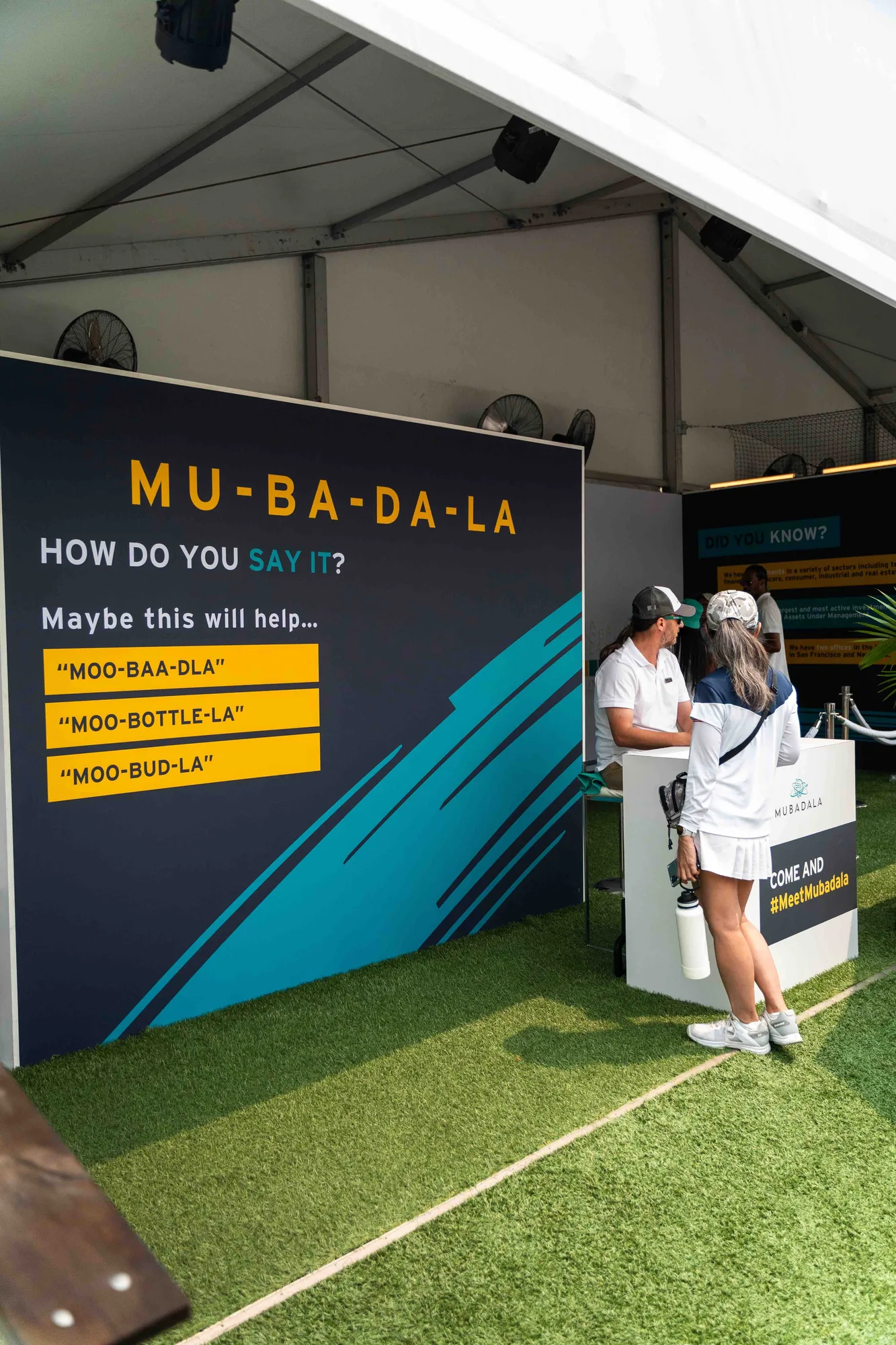 MU-BA-DA-LA How Do You Say It brand introduction wall, Mubadala Citi DC Open activation 2023, EventPro
