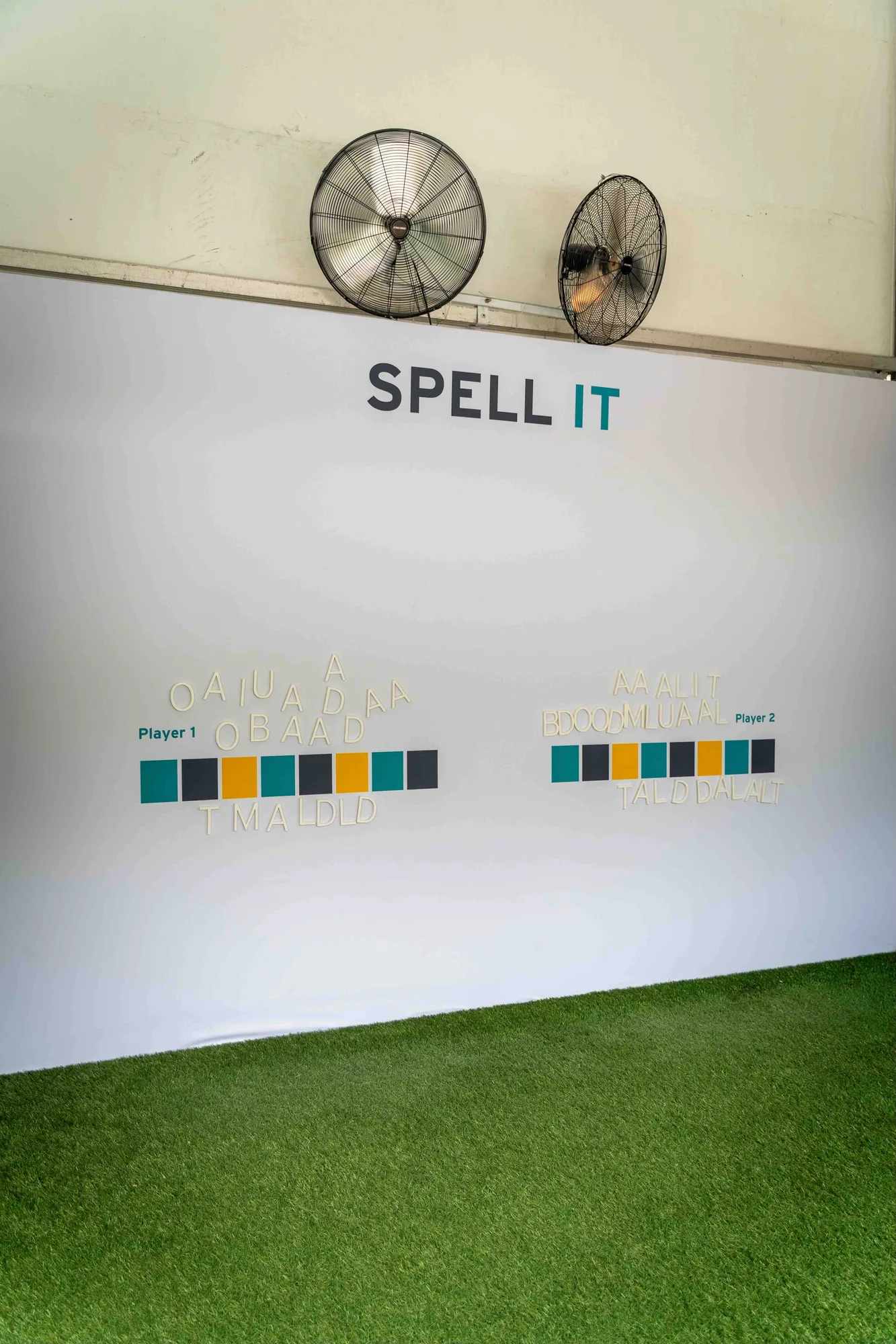 Spell It game wall with Mubadala letter tiles, Citi DC Open brand activation 2023, EventPro fabrication
