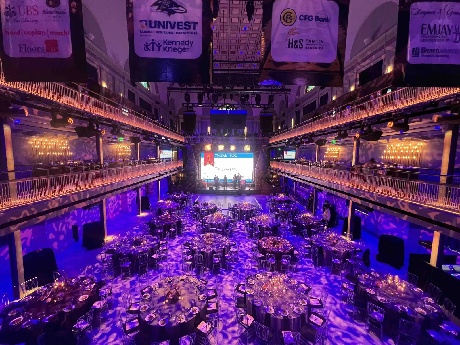 MWPH Storybook Gala 2025 — full ballroom overhead view, custom Hogwarts castle stage set, purple wash lighting, M&T Bank Exchange Baltimore, EventPro scenic fabrication