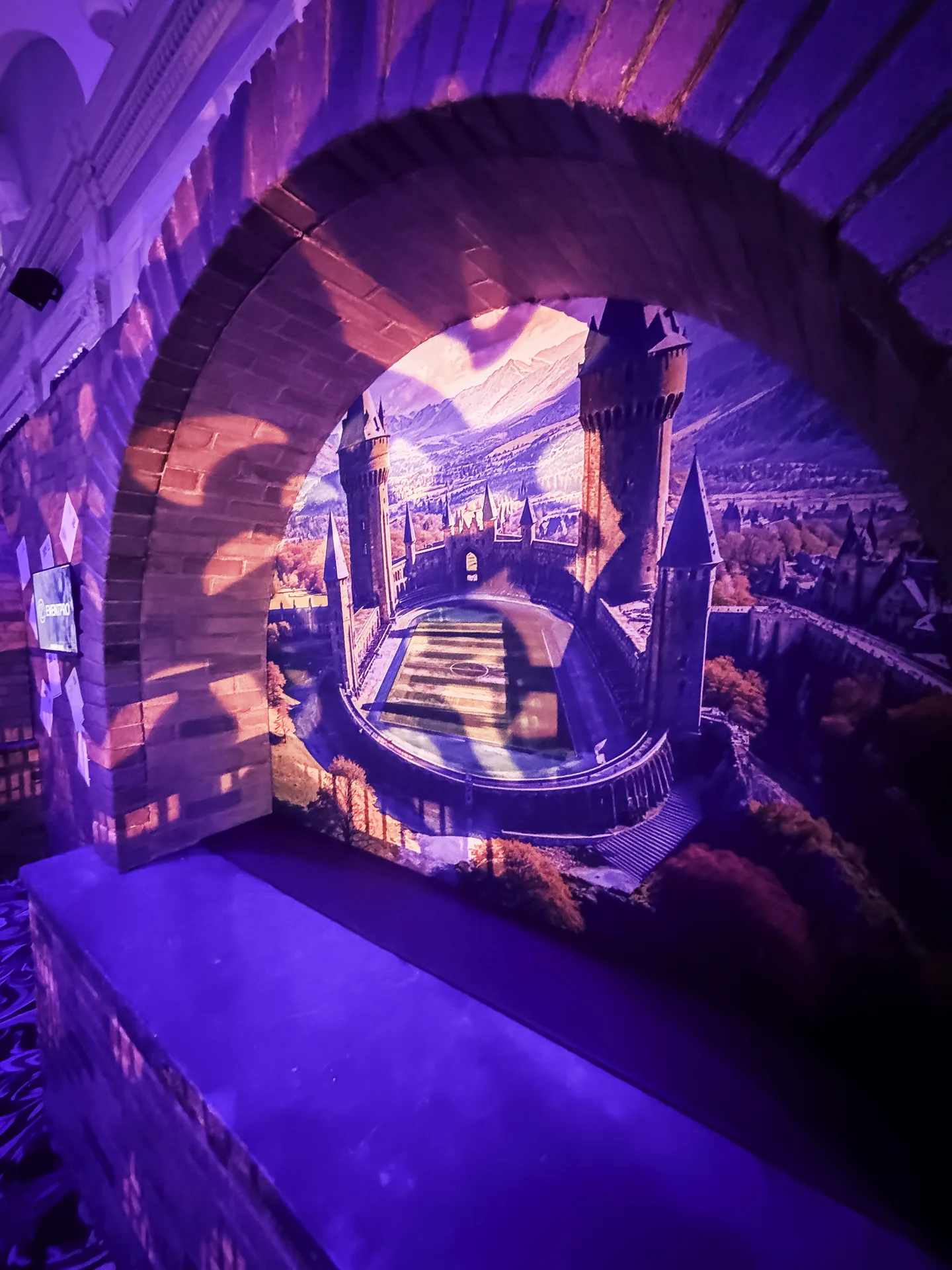 Stone castle arch photo op looking through to a printed Hogwarts castle backdrop, Mt. Washington Pediatric Hospital Storybook Gala, EventPro scenic fabrication Baltimore