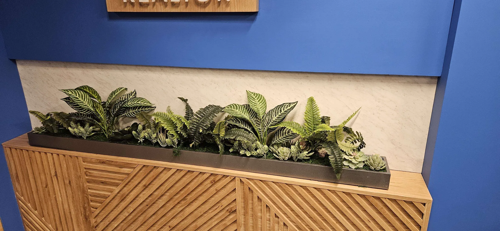 Detail of custom wood slat credenza and planted greenery box in NAR broadcast studio set, EventPro scenic fabrication Washington DC 2025