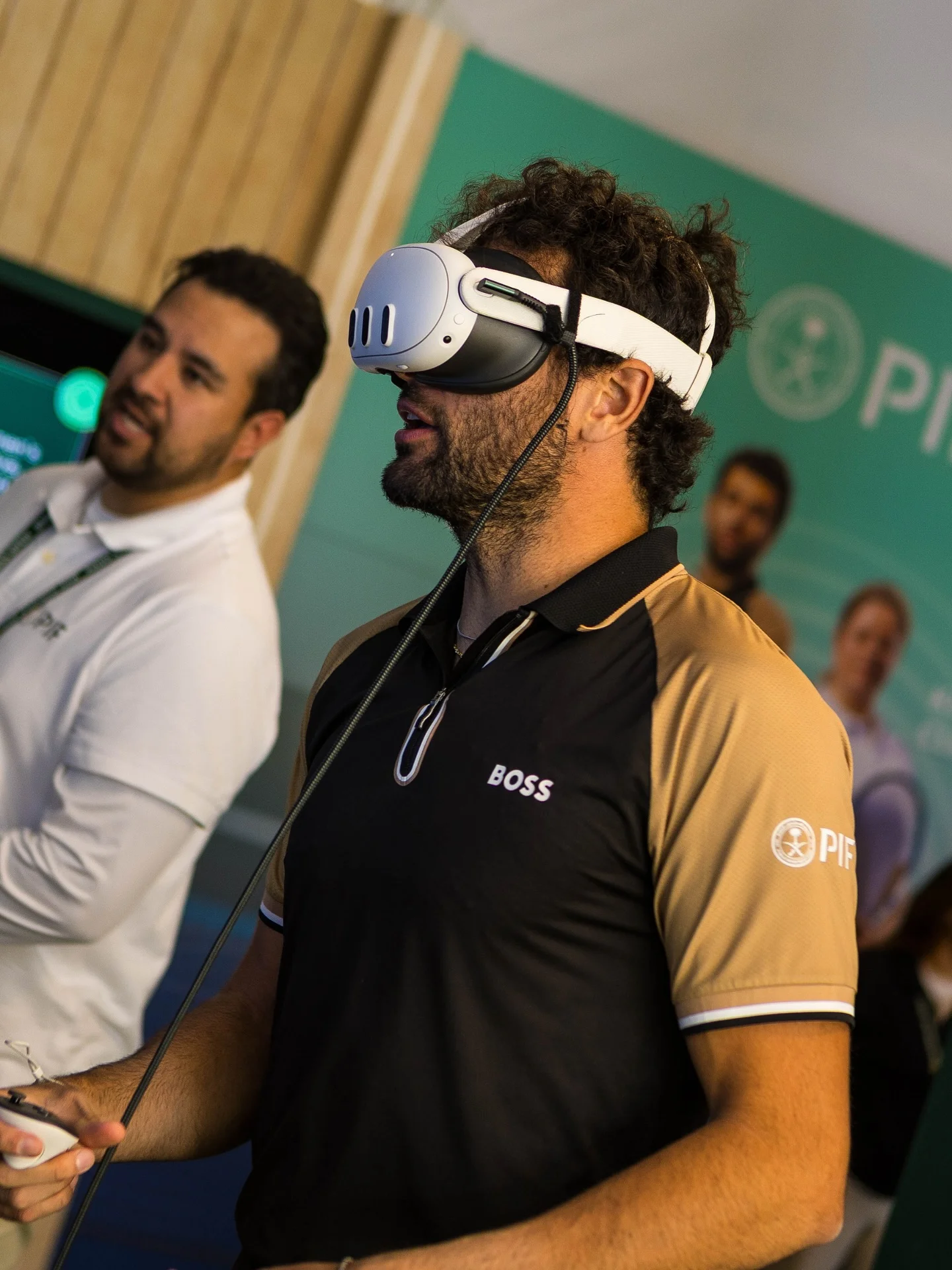 Matteo Berrettini using VR headset at PIF brand activation, BNP Paribas Open 2025 Indian Wells, EventPro pavilion build