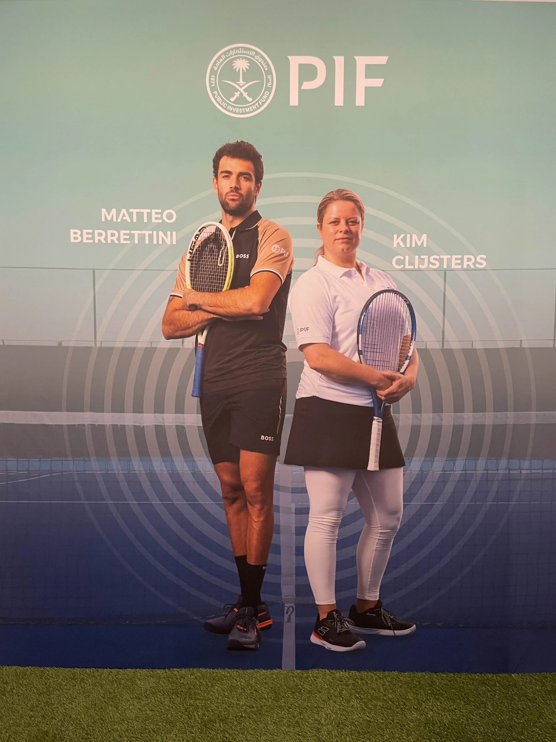PIF ambassador graphics panel, Matteo Berrettini and Kim Clijsters large-format print on custom slatted wall, BNP Paribas Open pavilion
