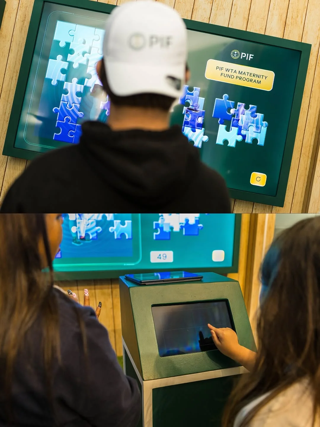 Visitor using custom-fabricated PIF touchscreen kiosk at BNP Paribas Open pavilion, EventPro interactive activation build