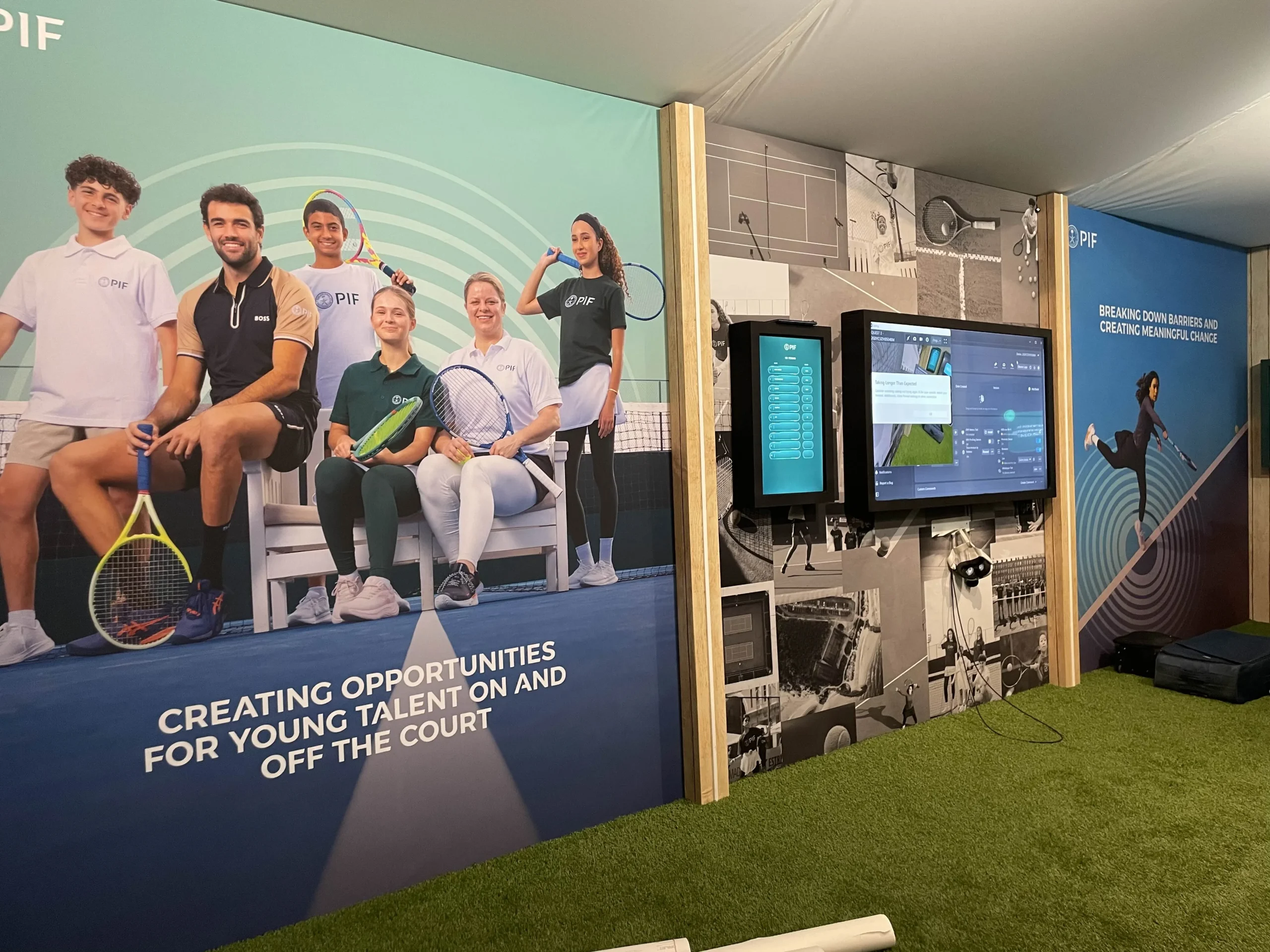 PIF pavilion interactive zone, youth tennis campaign graphics wall and dual display screens, BNP Paribas Open 2025, EventPro