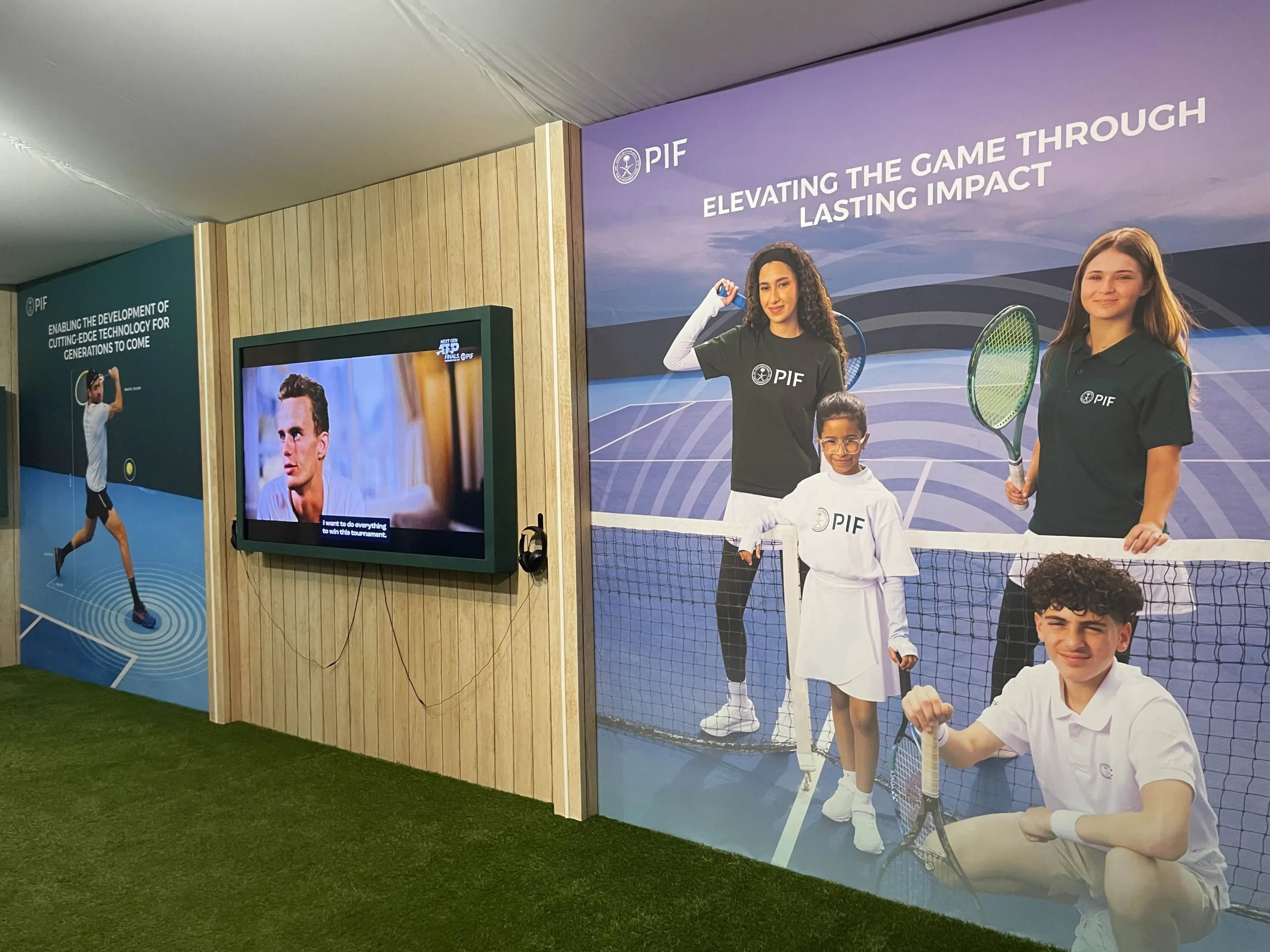 PIF branded graphics wall inside the BNP Paribas Open activation pavilion, large-format print installation, EventPro South Florida
