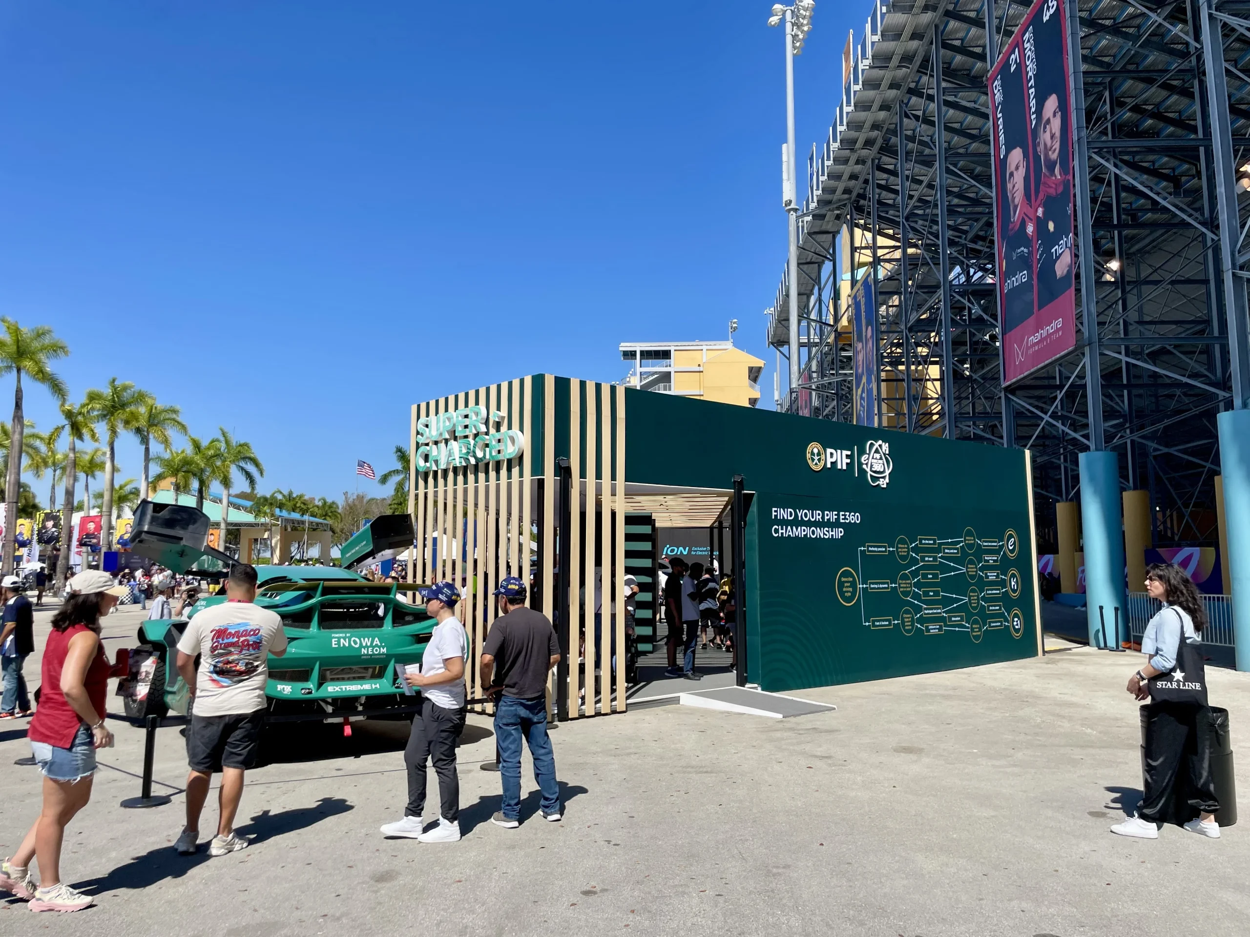 PIF Super Charged pavilion exterior wide view during daytime, Miami Formula ePrix 2025, EventPro fabrication and production