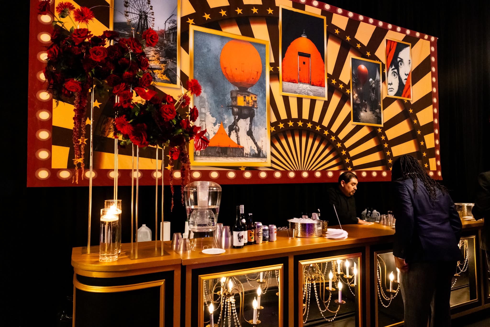 Custom gold bar with circus sunburst scenic backdrop, EventPro scenic fabrication for the Pratt Contemporaries Black and White Party, Baltimore Maryland