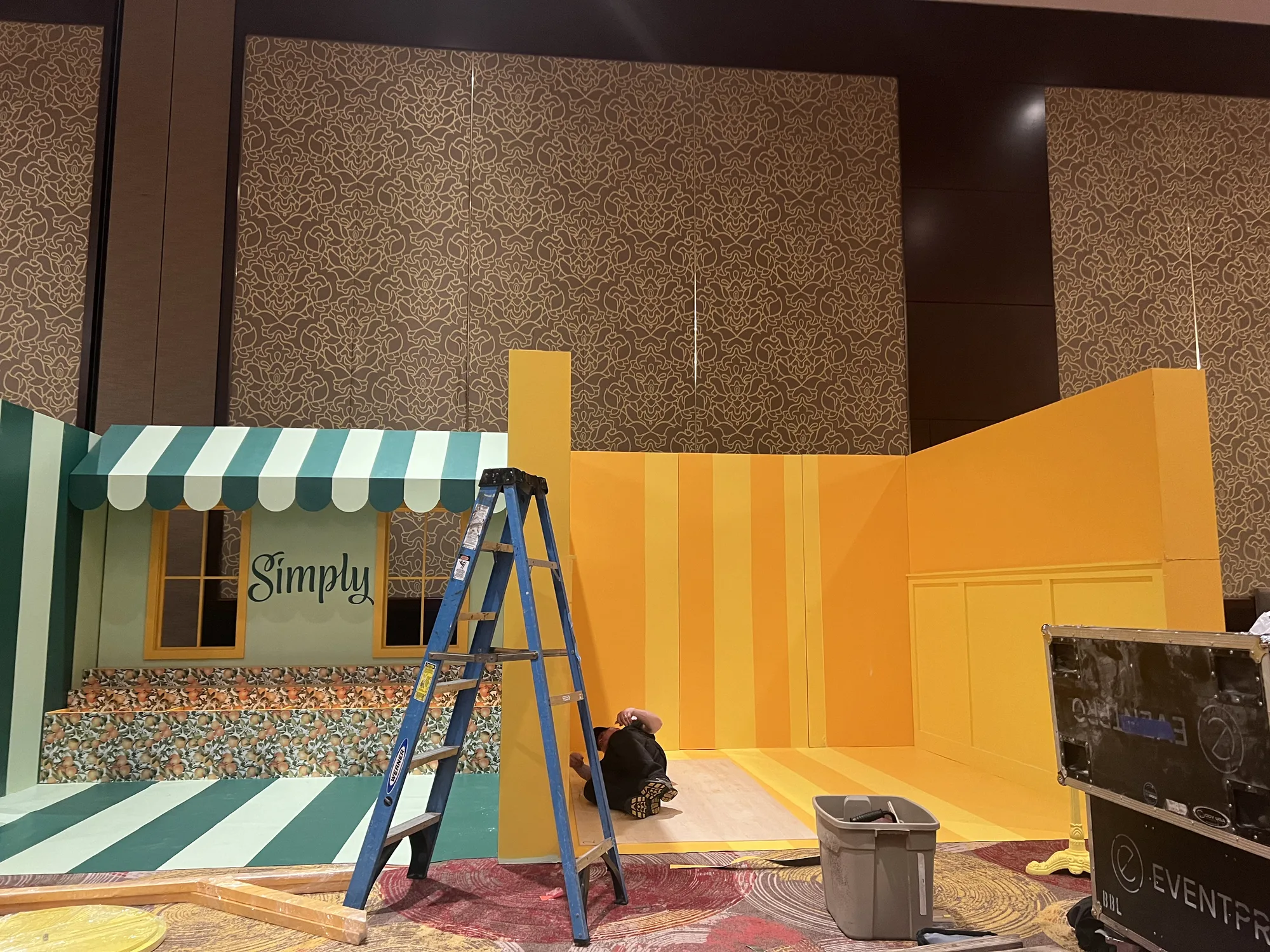 EventPro crew installing the Simply market stall section at Hard Rock Hotel Miami Gardens, brand activation build 2024