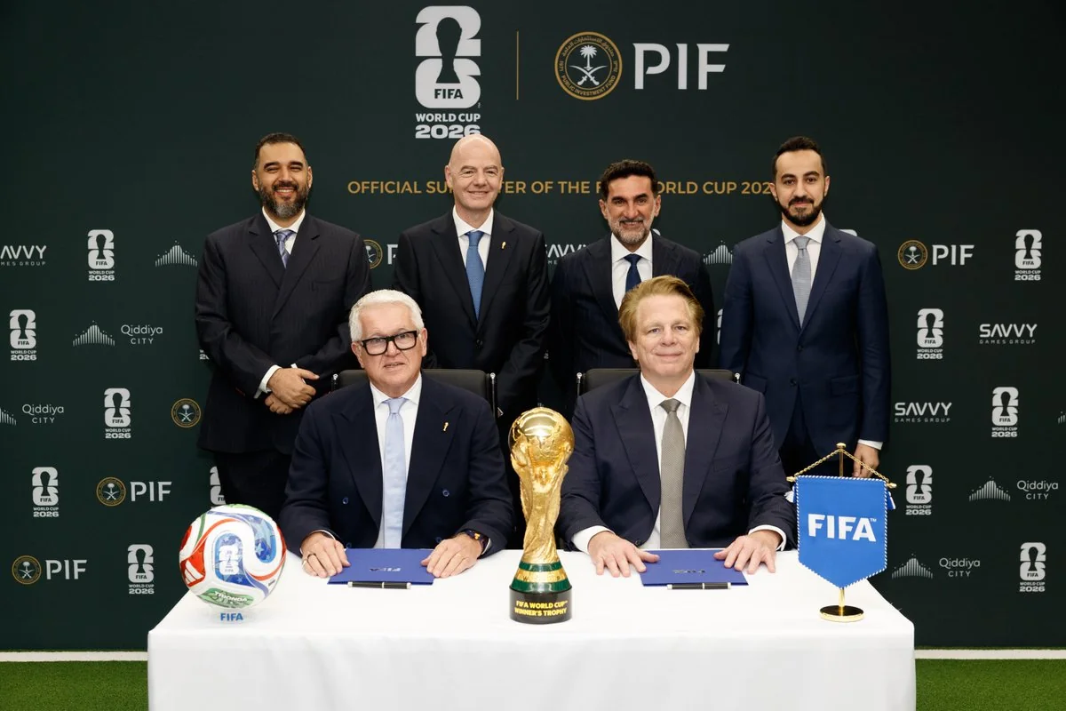 PIF and FIFA World Cup 2026 sponsorship announcement press conference with Event Pro printed step-and-repeat backdrop