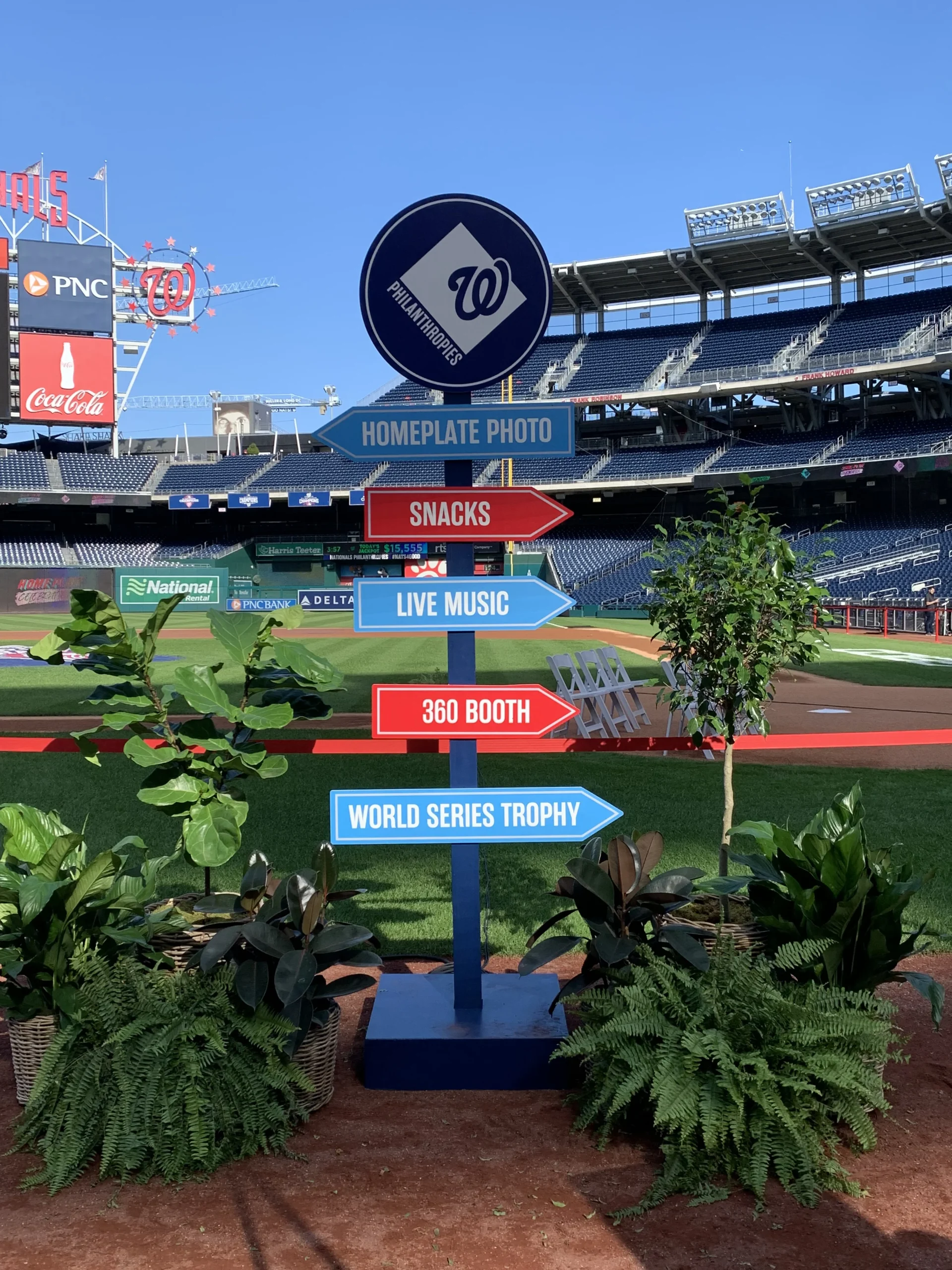 Custom printed directional sign post at Washington Nationals event